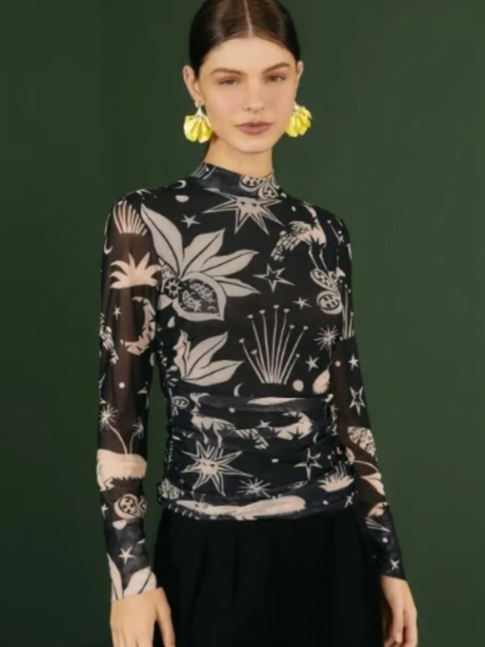 FARM Rio Black Sheer Celestial & Botanical Print Long Sleeve Top